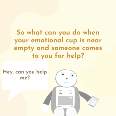 Cute robot companion with empty cup looking emotionally drained